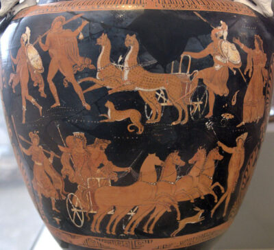Bron in het Publieke Domein van een Griekse Amfora: Rape of Persephone. Hades with his horses and Persephone (down) circa. 340 BCE. An Apulian red-figure volute krater, c. 340 BC., Circle of the Darius Painter, Collection Altes Museum Berlin. - foto Bibi Saint-Pol.