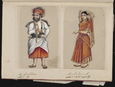 Bron in het Publieke Domein van een bladzijde uit een manuscript uit 1837 over: The Castes in India; A page from the manuscript Seventy-two Specimens of Castes in India, which consists of 72 full-color hand-painted images of men and women of the various castes and religious and ethnic groups found in Madura, India at that time. Each drawing was made on mica, a transparent, flaky mineral which splits into thin, transparent sheets. As indicated on the presentation page, the album was compiled by the Indian writing master at an English school established by American missionaries in Madura, and given to the Reverend William Twining.
The manuscript shows Indian dress and jewelry adornment in the Madura region as they appeared before the onset of Western influences on South Asian dress and style. Each illustrated portrait is captioned in English and in Tamil, and the title page of the work includes English, Tamil, and Telugu. Author Unknown
Source Beinecke Rare Book & Manuscript Library, Yale University.