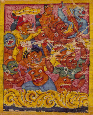 Bron in het Publieke Domein van een waterverf schilderij op een perkamentrol van Mara Demons by an Anonymous 11th century artist. Digital image provided by the Los Angeles County Museum of Art.
Nepal, Himalayas. Mara's Retinue, Folio from an Astasahasrika Prajnaparamita (The Perfection of Wisdom in 8,000 Verses), 11th century Book/manuscript; Collection Los Angeles County Museum of Art wikidata:Q1641836
Source/Photographer https://collections.lacma.org/node/238328