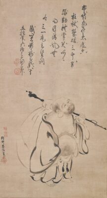 Bron in het Publieke Domein van: Hotei by Kano Takanobu: "Hotei by Kano Takanobu with calligraphy by Tetsuzan Sōdon", Edo period, dated 1616, Japan, hanging scroll; ink and color on paper, Metropolitan Museum of Art, dated 1616; Collection Metropolitan Museum of Art New York City, US.