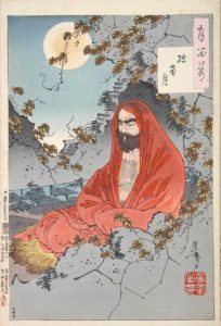 Bron in het Publieke Domein vaneen houtsnede uit 1887 van de Bodhidharma - Ukiyo-e woodblock print by Tsukioka Yoshitoshi (1839–1892) "The moon through a crumbling window", woodcut print Genre ukiyo-e.