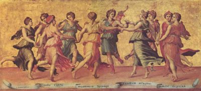 Bron uit het Publieke Domein: fresco uit circa 1540 De dans van Apollo met de muzen van Giulio Romano (1499–1546), foto The Yorck Project (2002) 10.000 Meisterwerke der Malerei (DVD-ROM), distributed by DIRECTMEDIA Publishing GmbH