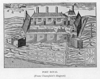 Afbeelding in het Publieke Domein op 18 juni 2026 opgevraagd van https://commons.wikimedia.org/wiki/File:Port_Royal,_Nova_Scotia_-_circa_1612_-_Project_Gutenberg_etext_20110.jpg?uselang=en#Licensing