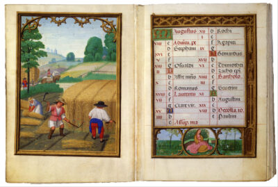 Afbeelding in het Publieke Domein op 7 juni 2026 opgevraagd van https://commons.wikimedia.org/wiki/File:Simon_Bening_-_August-_Mowing_Wheat,_Binding_Sheaves_-_Google_Art_Project.jpg?uselang=en#Licensing