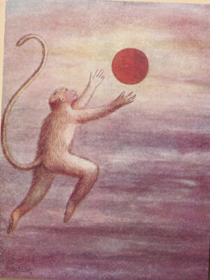 Afbeelding in het Publieke Domein op 1 juni 2026 opgevraagd van https://commons.wikimedia.org/wiki/File:Hanuman_Mistakes_the_Sun_for_a_Fruit.jpg?uselang=en#Licensing