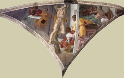 Afbeelding in het Publieke Domein op 25 mei 2026 opgevraagd van https://commons.wikimedia.org/wiki/File:Michelangelo_Sistine_Chapel_ceiling_-_Punishment_of_Haman_restored.jpg?uselang=nl#Licentie